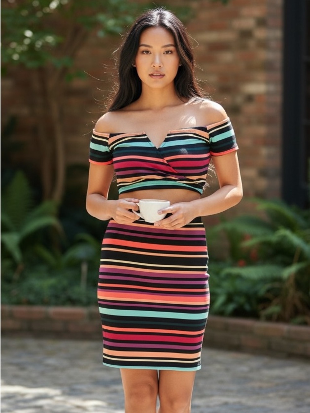 Charlotte Russe Striped Two Piece Set Crop Top Skirt Size M